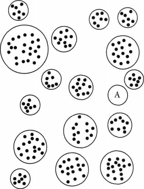 This diagram represents the first view by many people of large numbers of primary soul cluster groups which make up one big secondary group of some 1,000 souls. Primary group A is the subject's own cluster of souls.