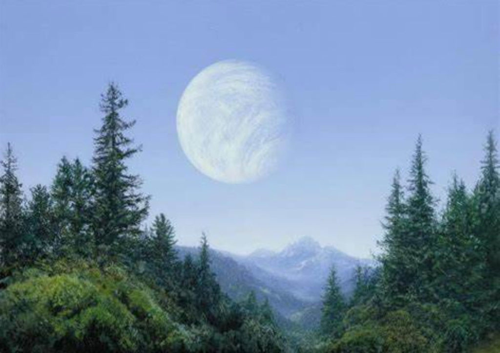 A view from a habitable moon that lies in orbit around a gas giant.