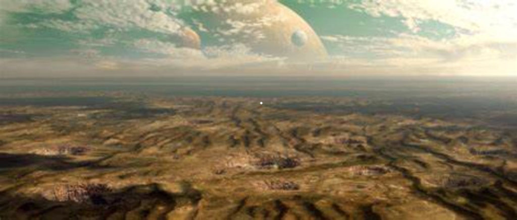 A view from a habitable moon that lies in orbit around a gas giant.