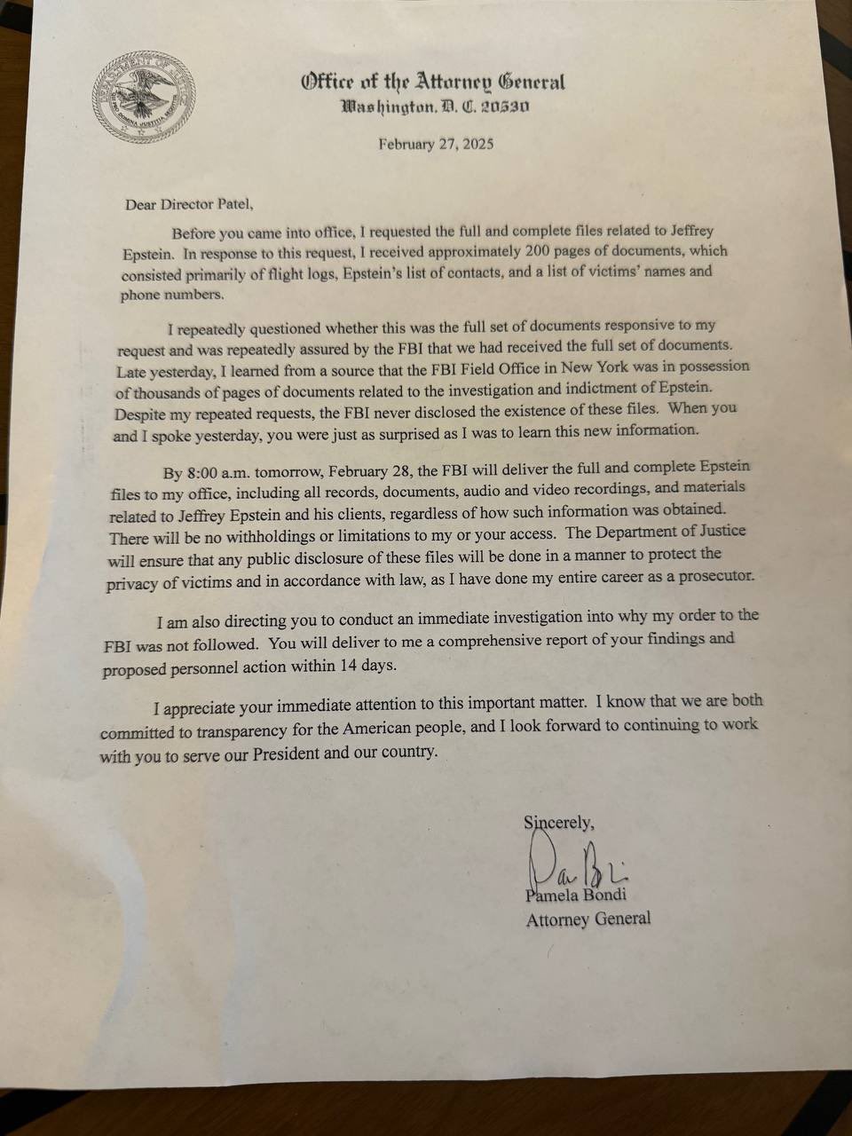 AG Bondi Letter ORDER to FBI AG Bondi Letter ORDER to FBI
