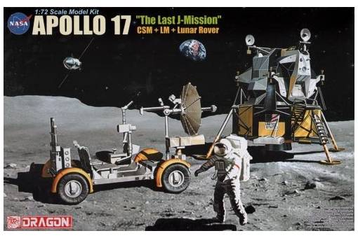 The model includes two astronauts, a lunar rover and LM, along with various equipment packages. Dragon Model