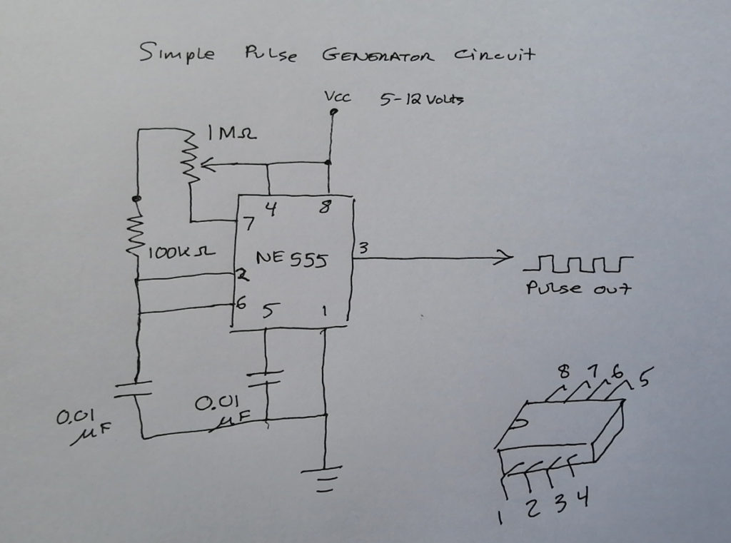 A simple circuit using the 555 integrated circuit to generate a pulse. The frequency and speed of the pulse is adjusted by the 1 M ohm rheostat at top.