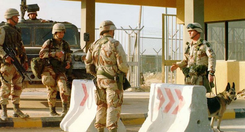 All military bases are guarded with armed soldiers. Naval bases are guarded by United States marines. Marine guards at China Lake NWC.
