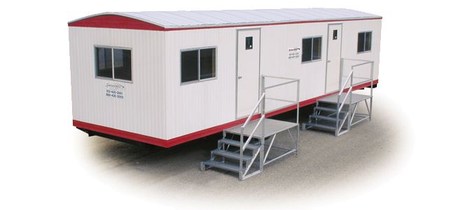 The office would be placed without skirting. Dust would blow below and underneath the office. The stairs were identical to the two shown. Mobile office as used in China Lake NWC.