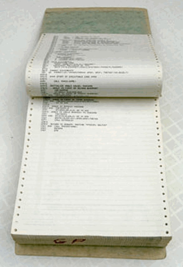 Bound stack of computer printout sheets that described the destination coordinates that I was to be sent to.