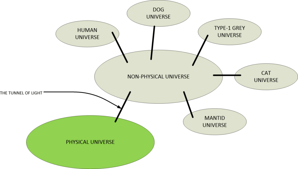This is how the different universes connect together. That being said, a human or a dog, or a cat, or a Mantid can visit all of them if they desire. But the universe of preference is our "home" universe. We go to our "home" universe (human universe for humans) via a space known as the non-physical universe. And of course, we enter the non-physical universe through a "bridge" known as the "tunnel of light".