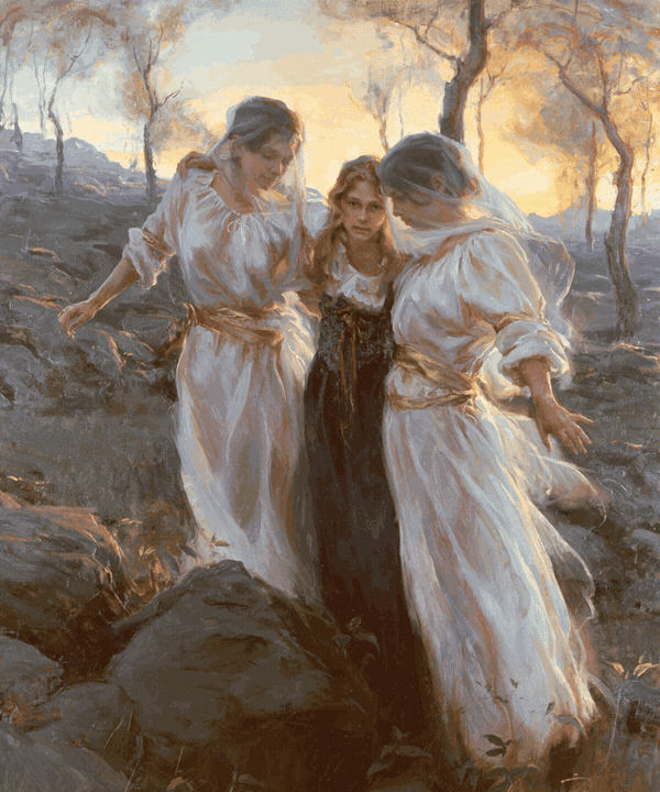 After a particularly difficult and grueling lifetime of hurt and trauma, the spiritual guides, also known as angels, will come and meet the distressed soul / consciousness and help them return home. This painting is titled "Hind's feet" by Daniel Gerhartz and can be found on the Art Renewal Center website.