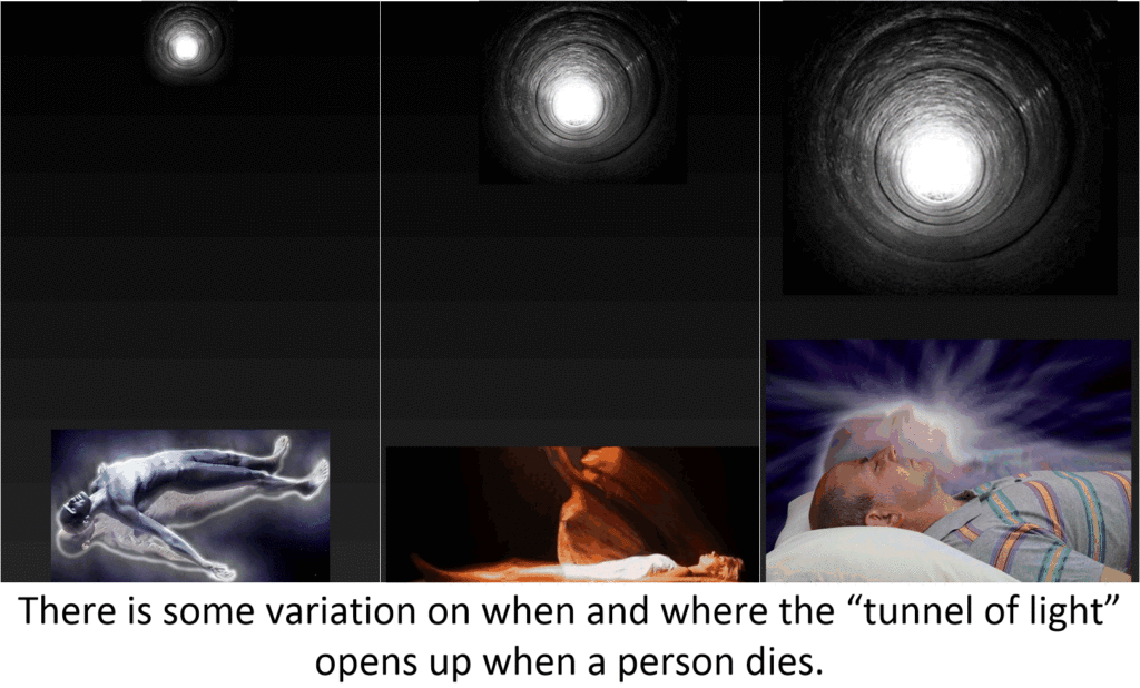 There are variations on where the "tunnel of light" appears when a person dies. Some report that it opens up right next to them, while others report it to be far away and they must travel to it.