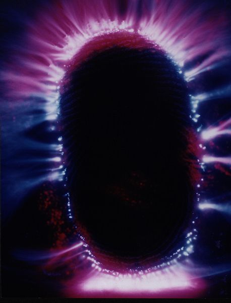 Kirlian photography of a finger tip. This technique permits the optical visualization of emulations from a body in color. There are those that believe that you can tell the health and spiritual status of a person through the study of this type of photography.