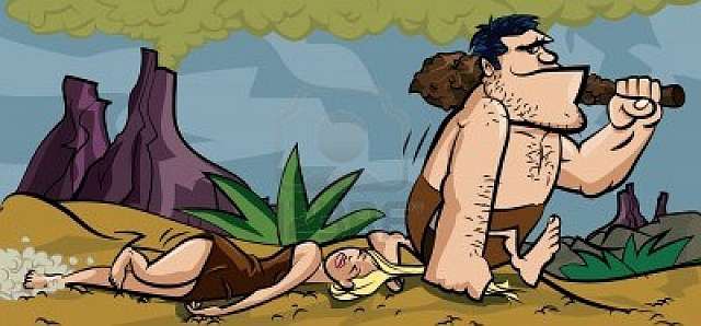 A literal comic of a caveman dragging a woman around by the hair.