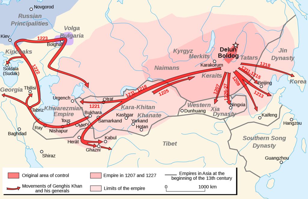 A map of the Mongol Empire under Genghis Khan.