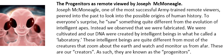 The Progenitors as remote viewed by Joseph McMoneagle.
Joseph McMoneagle, one of the most successful Army-trained remote viewers, peered into the past to look into the possible origins of human history. To everyone’s surprise, he “saw” something quite different from the evolution of intelligent apes. Instead we observed that we were fabricated. We were cultivated and our DNA were created by intelligent beings in what he called a ‘laboratory.’ These intelligent beings are quite different from most of the creatures that zoom about the earth and watch and monitor us from afar. These are our “creators”. As such, they are known as the “progenitors”.