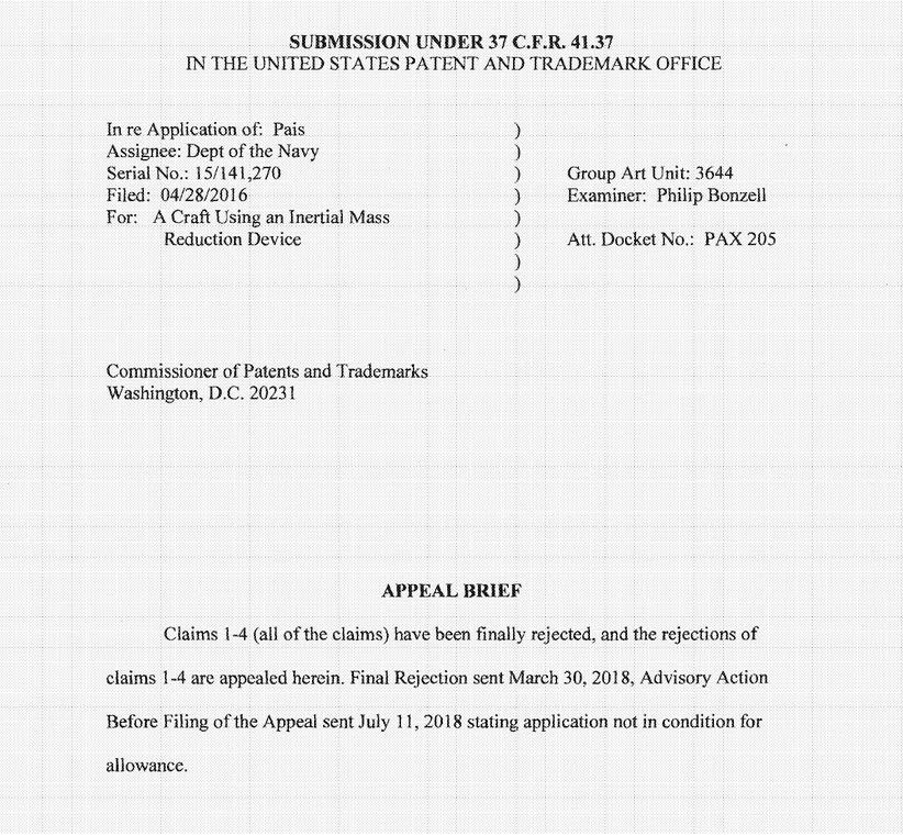 In the letter dated 15 December 2017, Dr. Sheehy claims that Salvatore Pais has "already begun a series of experiments to design and demonstrate advanced High energy Density/High Power propulsion systems" that are described in the patent.