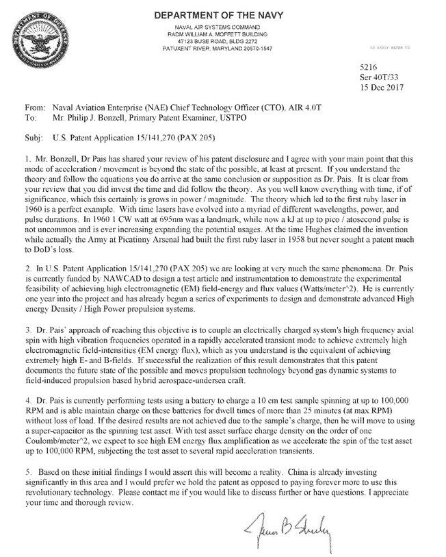 "the realization of this result demonstrates that this patent documents the future state of the possible and moves propulsion technology beyond gas dynamic systems to field-induced propulsion based hybrid aerospace-undersea craft."
