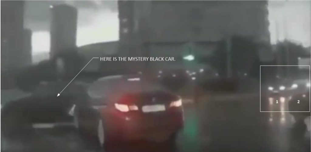 A mysterious black car appears "out of the blue" in front of another car in the middle of a busy "X marks the spot" intersection. All intersections are superior to roads for MWI world-line travel. The geopositioning locations are mapped and very stable. Mystery black car appears